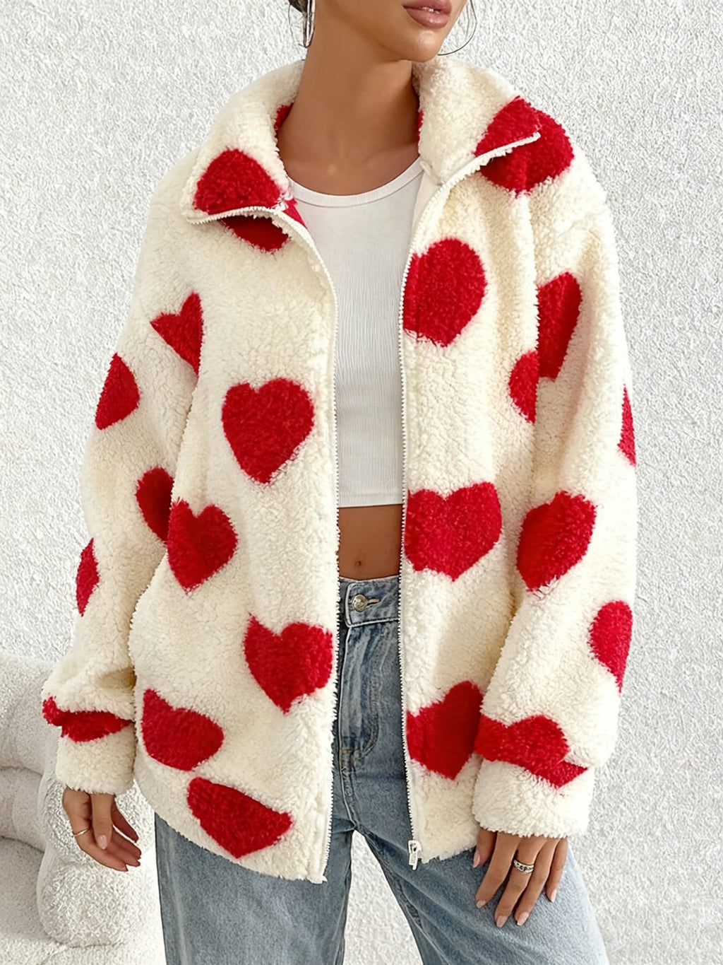 Women’s Red Heart Print Fleece Jacket