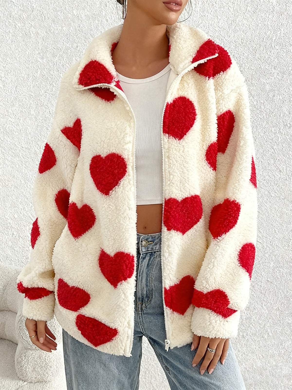 Women’s Red Heart Print Fleece Jacket