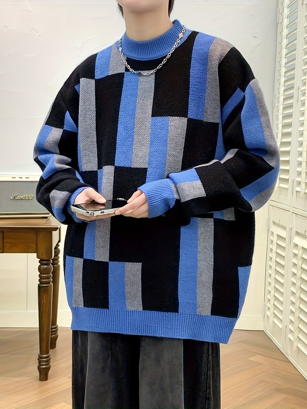 Men’s Geometric Rib-Knit Crew Neck Sweater