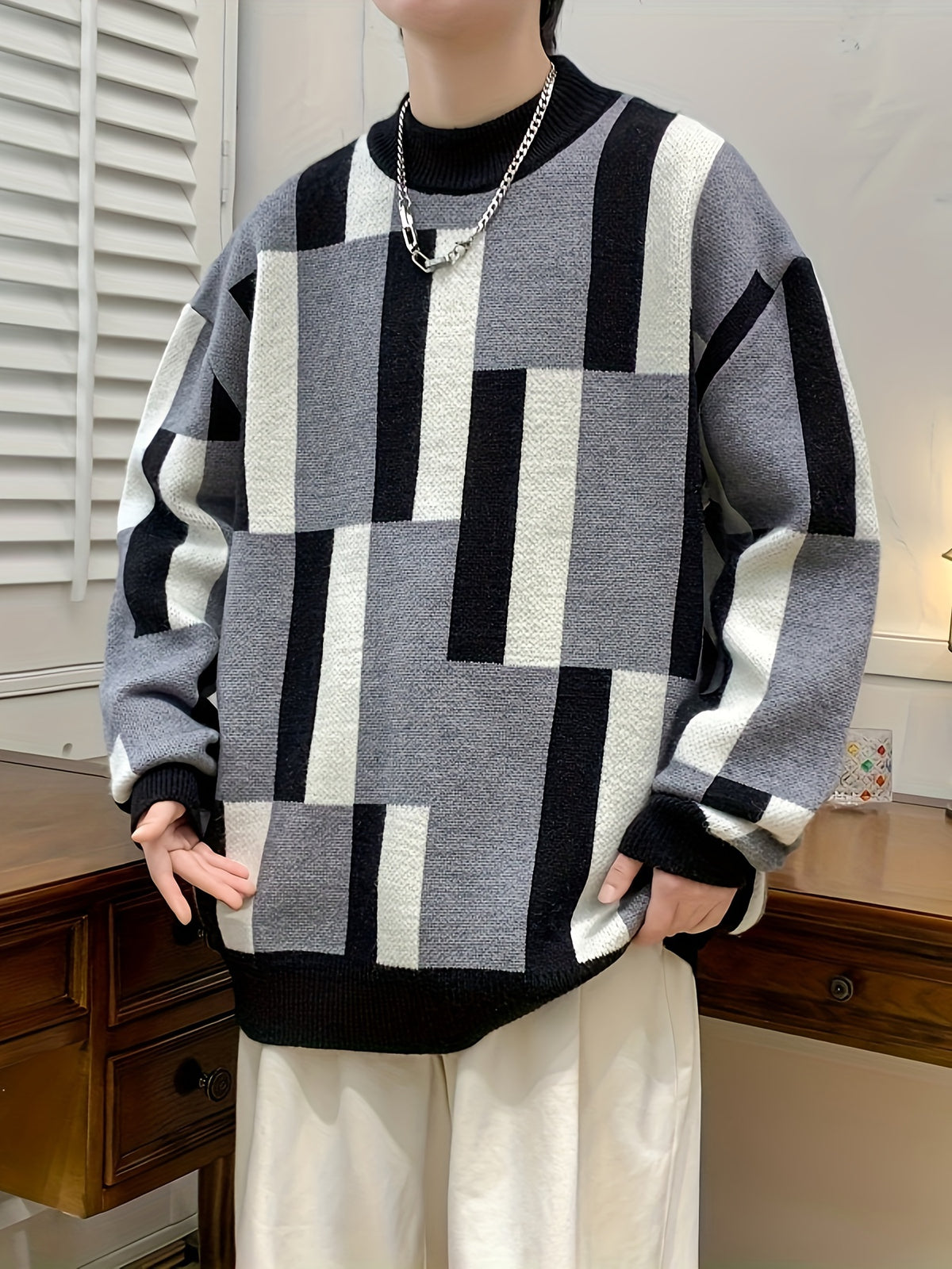 Men’s Geometric Rib-Knit Crew Neck Sweater
