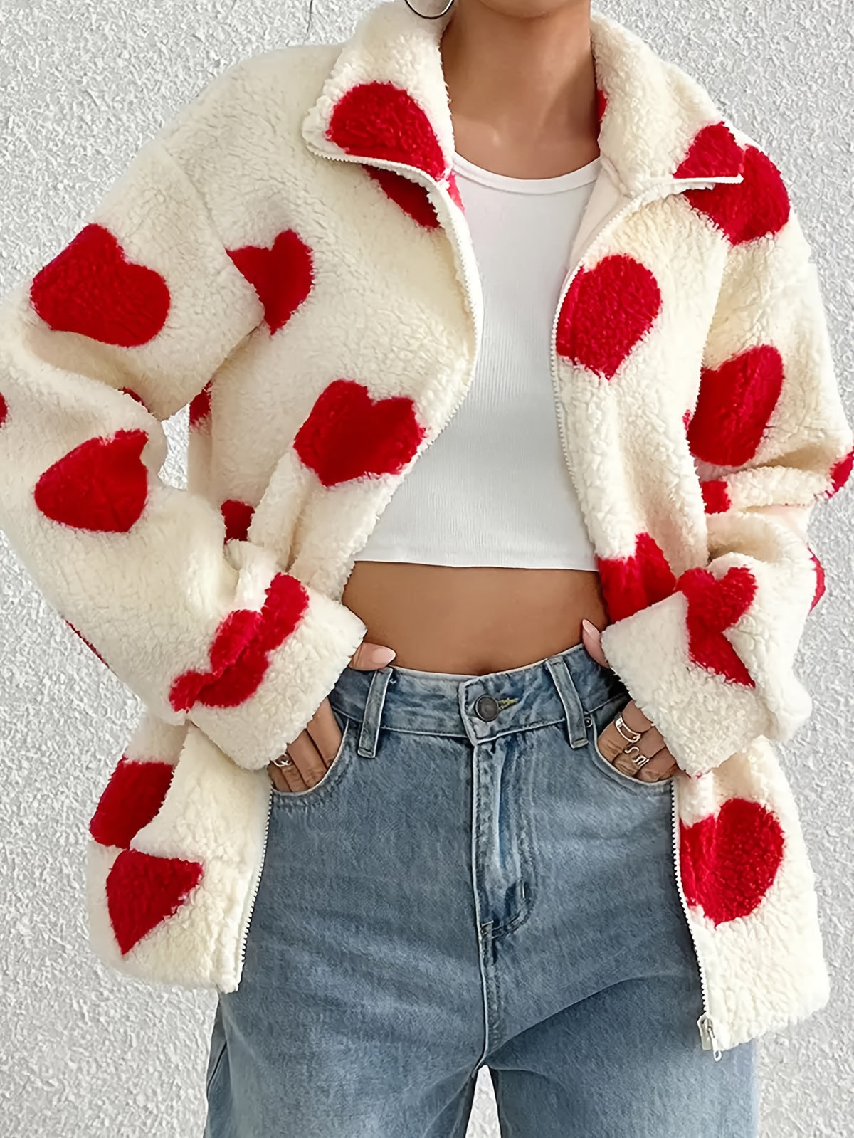 Women’s Red Heart Print Fleece Jacket