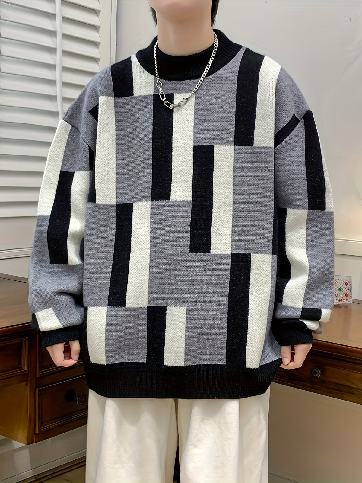 Men’s Geometric Rib-Knit Crew Neck Sweater