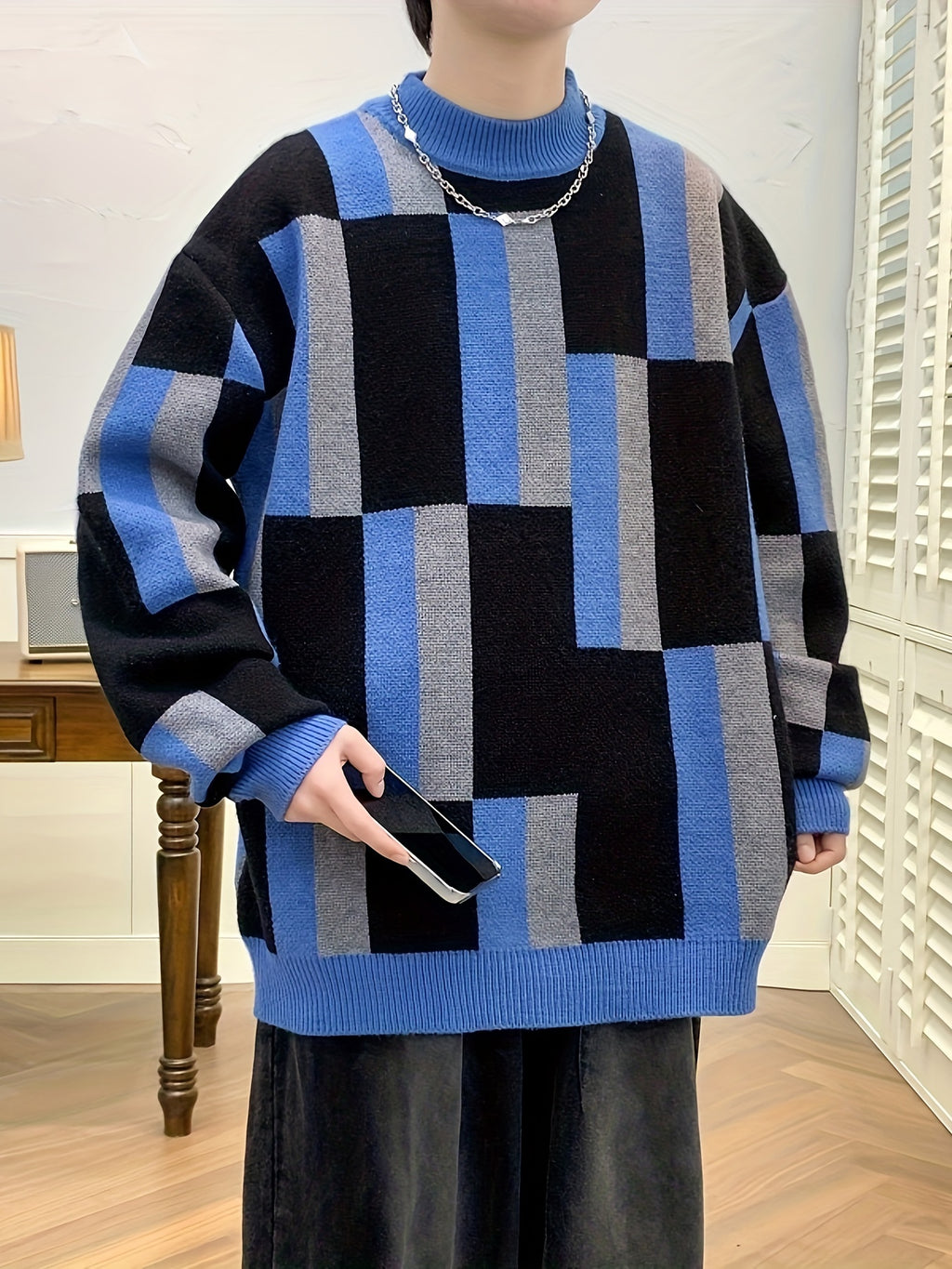 Men’s Geometric Rib-Knit Crew Neck Sweater