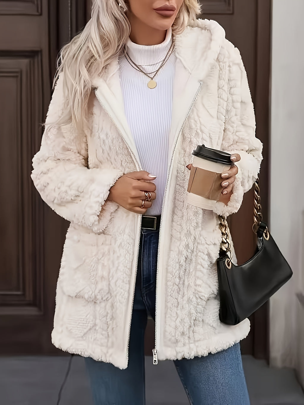 Women’s Plush Hooded Zip-Up Coat