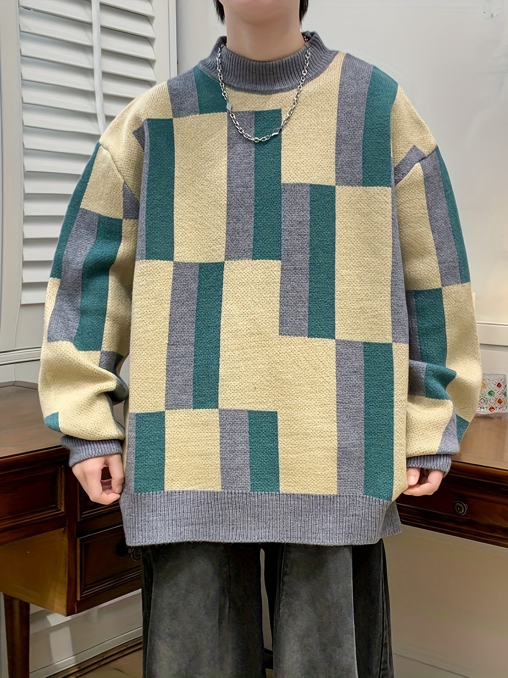 Men’s Geometric Rib-Knit Crew Neck Sweater