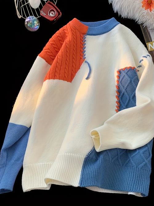 Men’s Color Block Ribbed Crew Neck Sweater