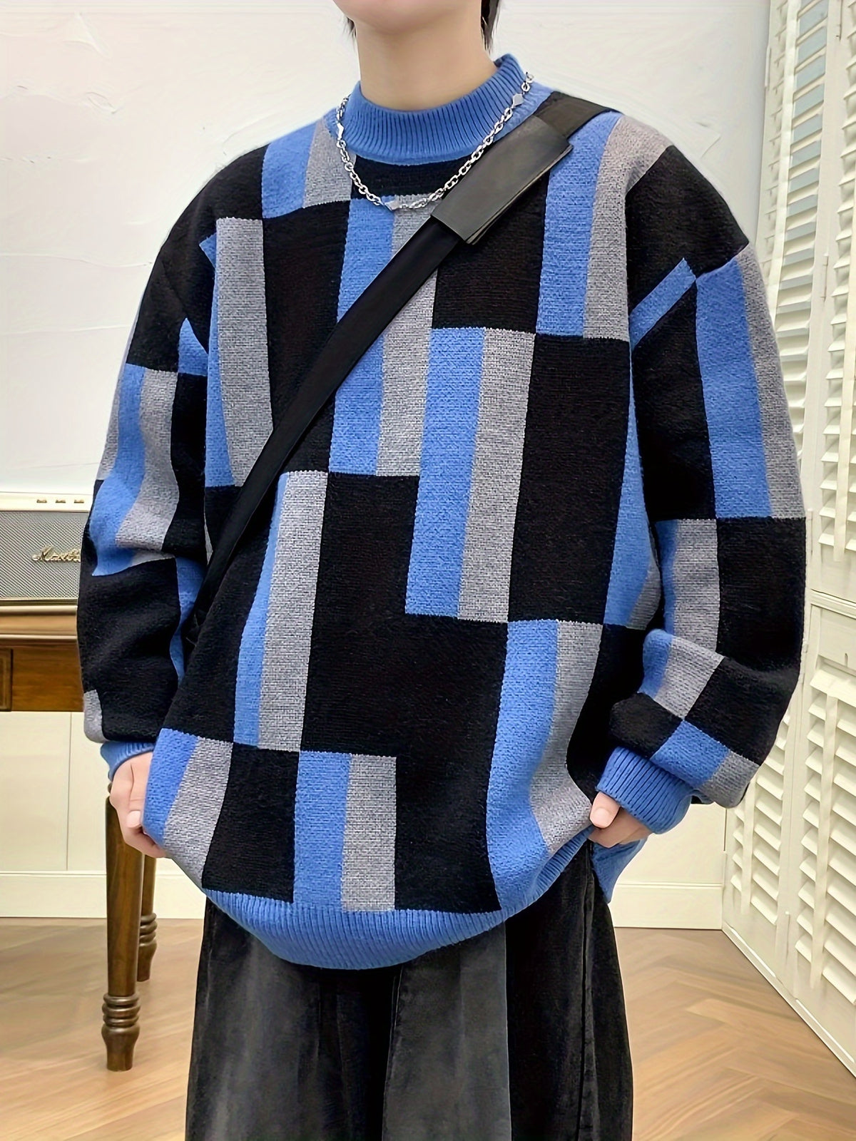 Men’s Geometric Rib-Knit Crew Neck Sweater